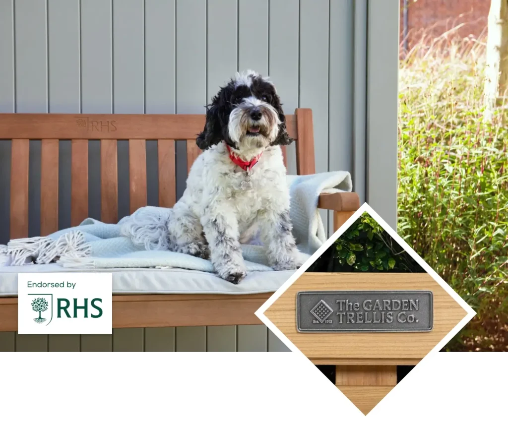 Endorsed by RHS lifestyle image with the RHS logo and garden trellis metal badge highlighted