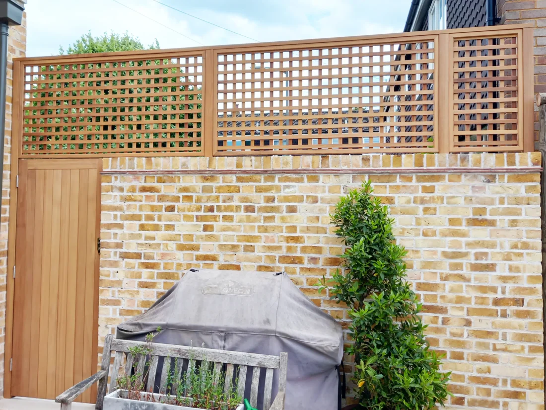 Bespoke Square Trellis Panels in Iroko