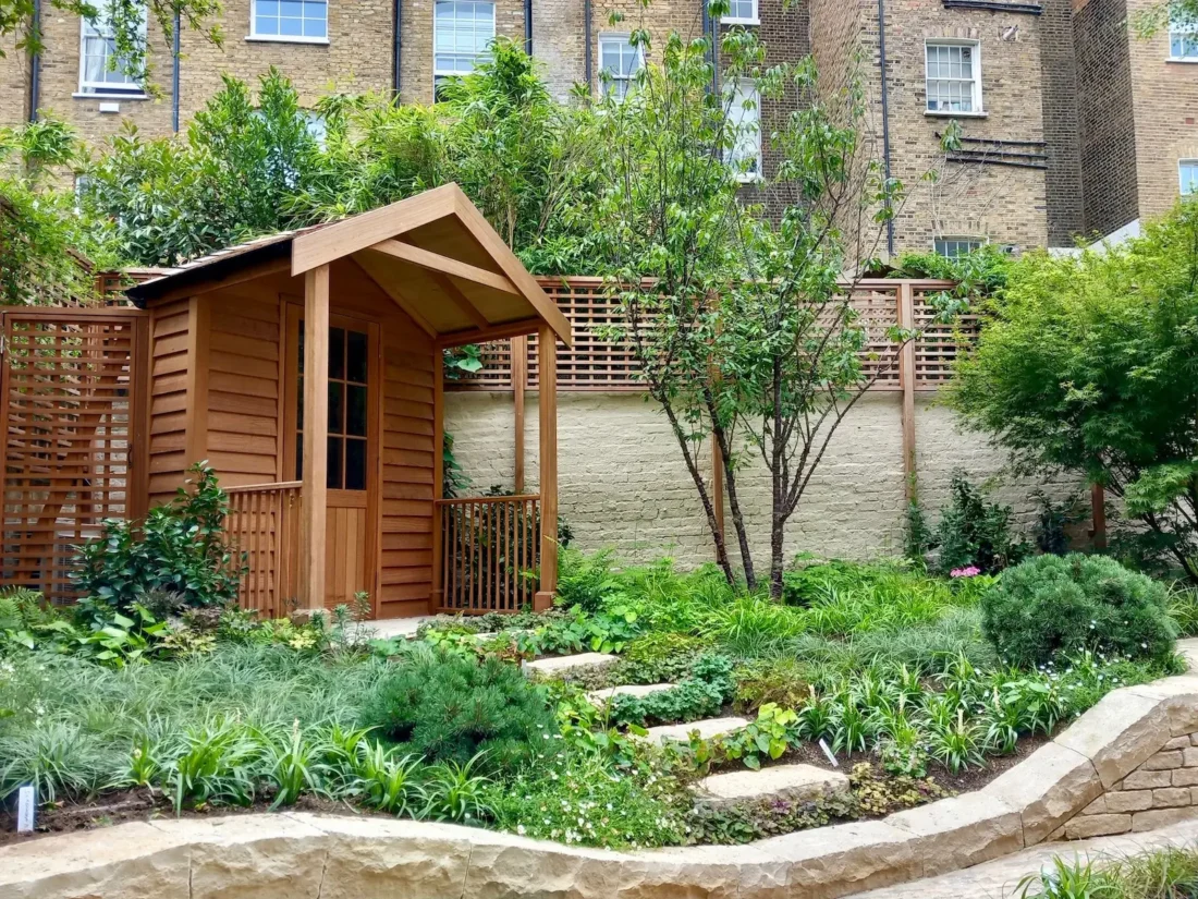 Bespoke Iroko Shed with 50:120 Trellis