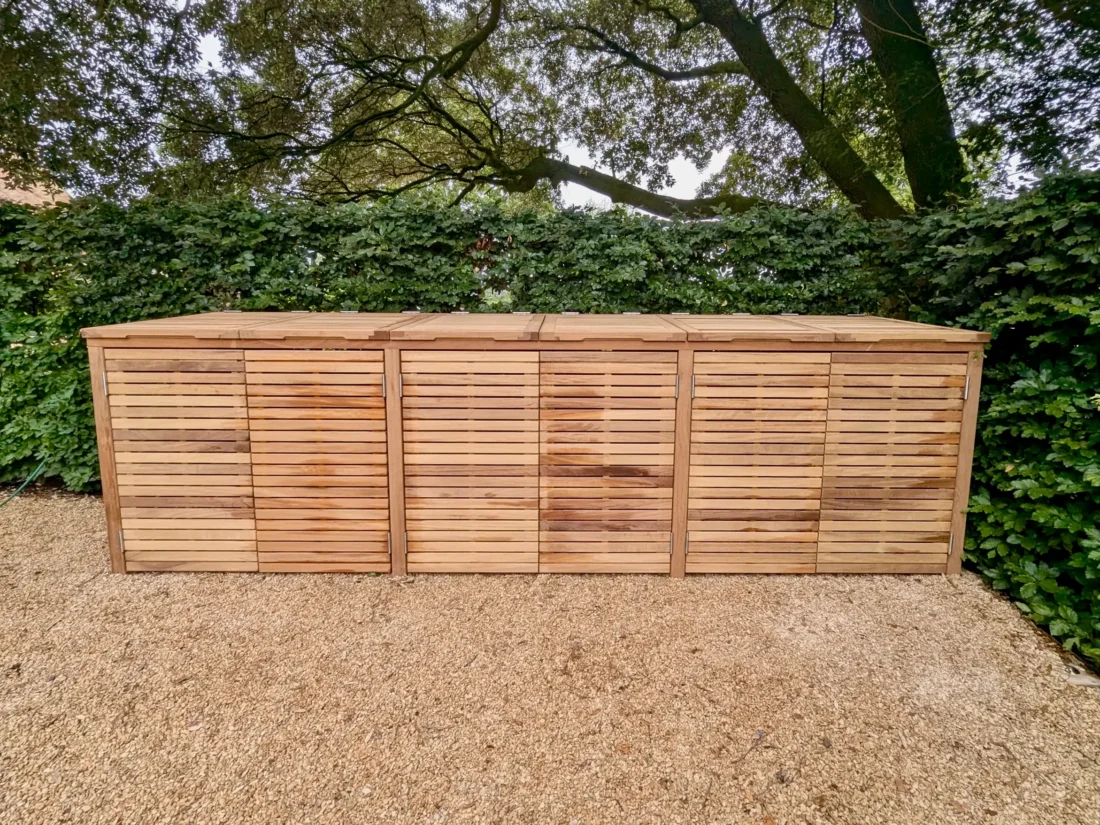 Bespoke 6 bay slatted bin store in Iroko