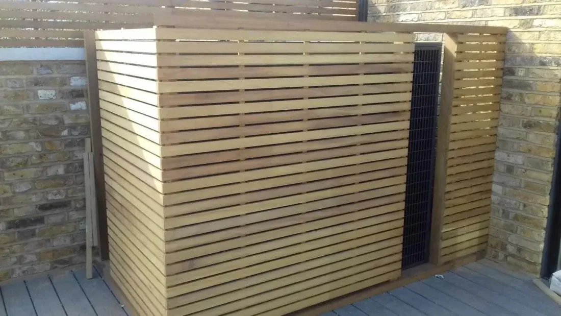 Bespoke slatted Iroko air con cover