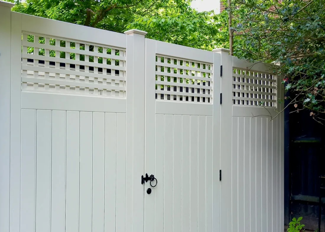 Bespoke gate with trellis top painted in Orford Cream