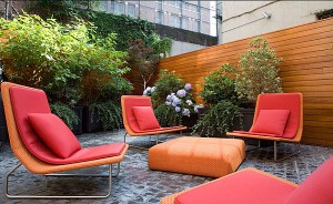 Colorful-Garden-Chairs-in-a-Modern-Yard-with-Stone-Floor-Wooden-Wall-Fence-and-Green-Plantations