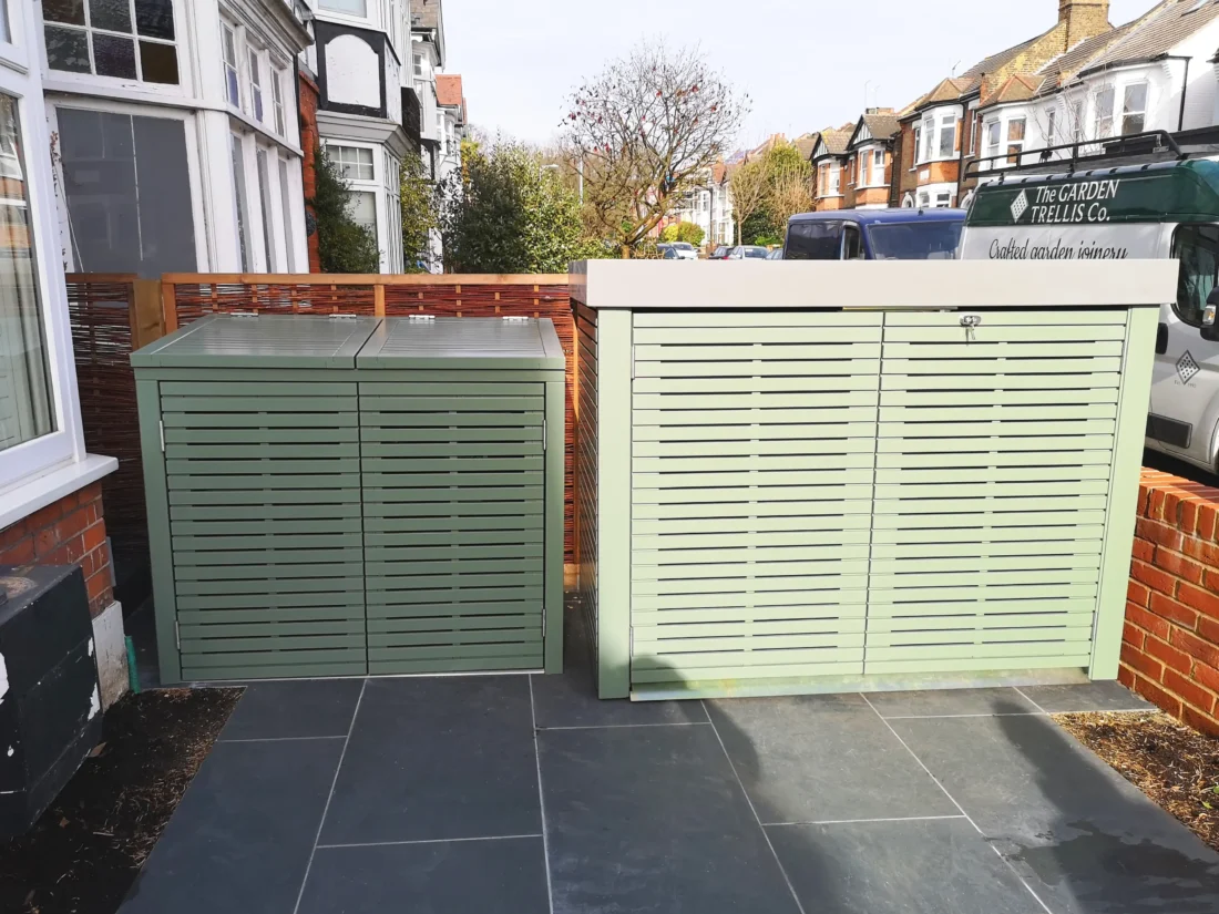 Prestige Contemporary Bike Shed and Prestige Slatted Bin Store painted Gorse Green