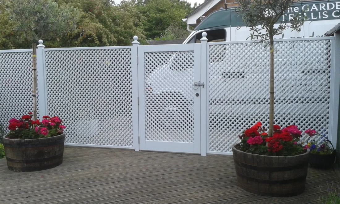 Painted Privacy Diagonal Trellis Panels and matching Diagonal Privacy Trellis Gate