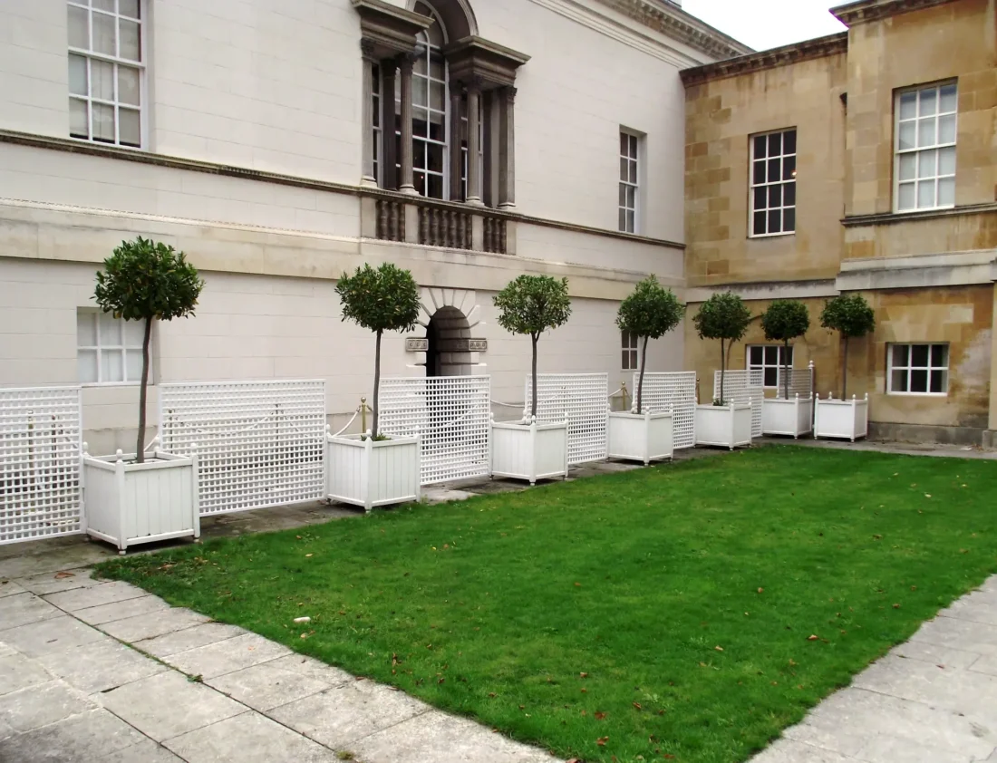 Painted Square Versailles Planters and Square Trellis Panels