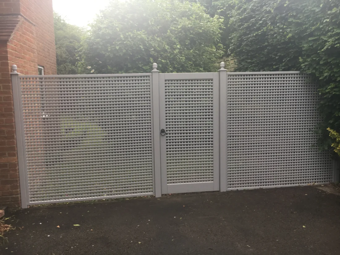 Painted Square Trellis Privacy Panels with matching Square Trellis Privacy Gate