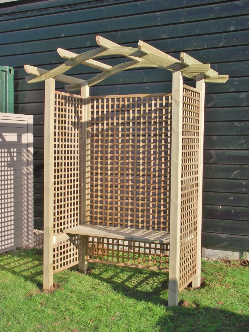 Natural Seating Arbour with Square Trellis Panel inserts