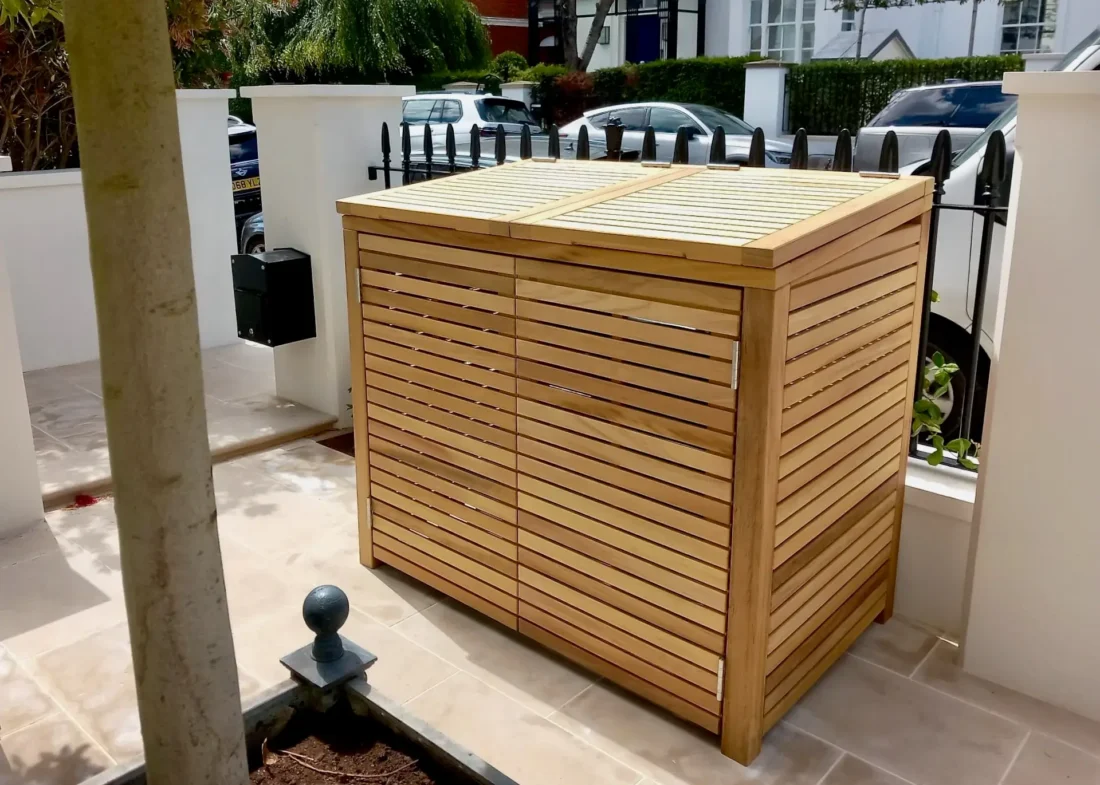 RHS Prestige Slatted Double Bin Store in Iroko