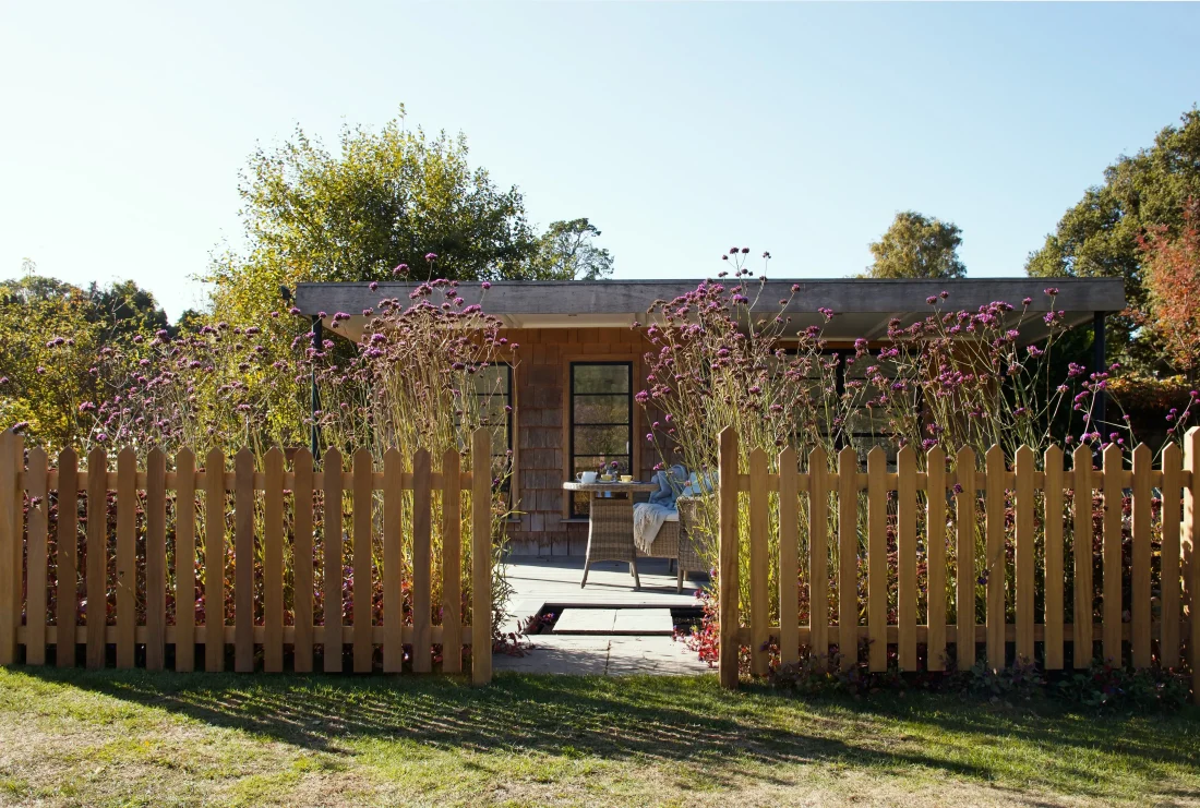 RHS Pointed Top Picket Fence in Iroko