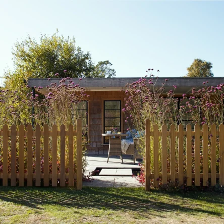 RHS Pointed Top Picket Fence in Iroko